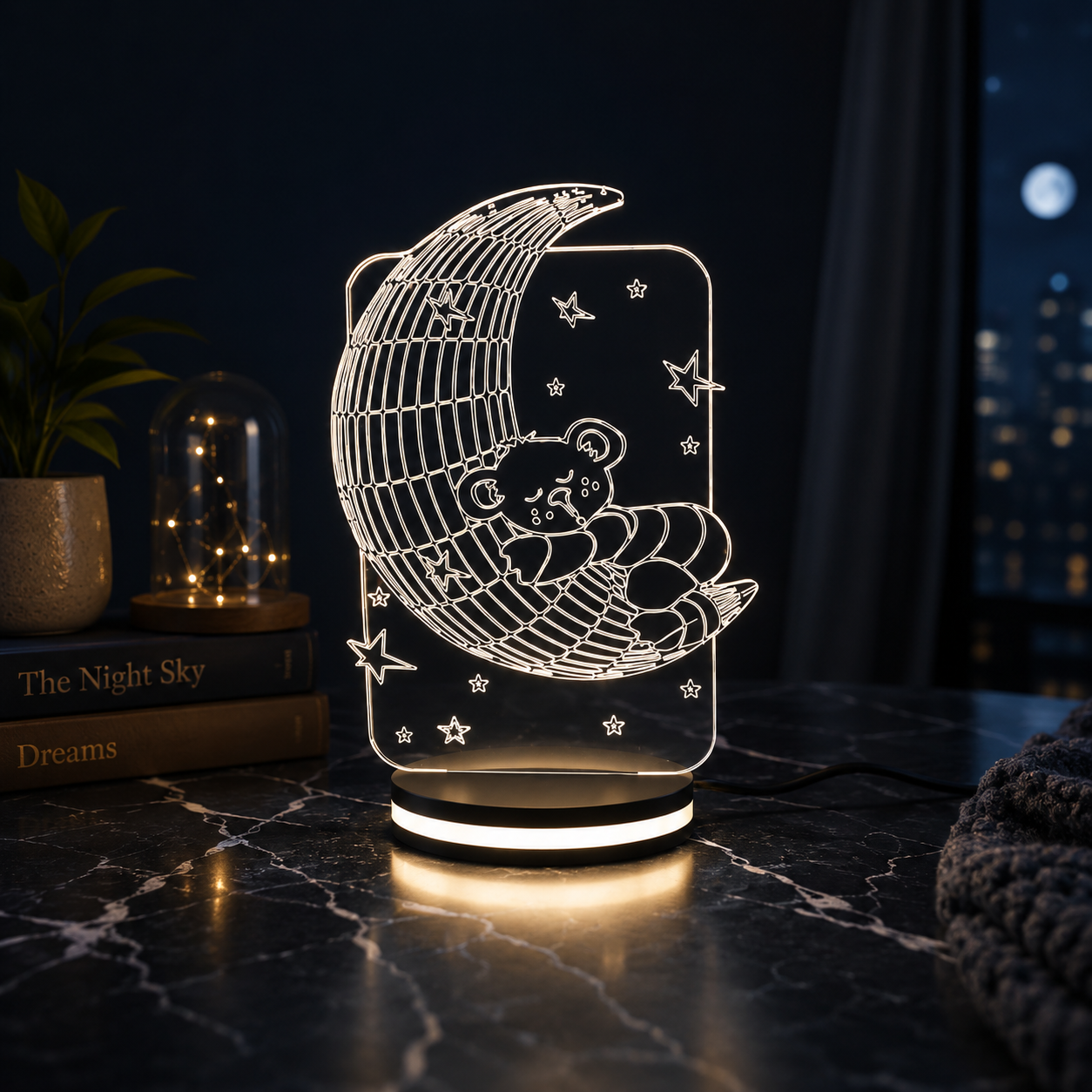 Sleeping teddy on the moon crystal lamp.