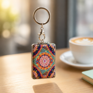 Rectangular multicolour mandela effect bagcharm with mirror