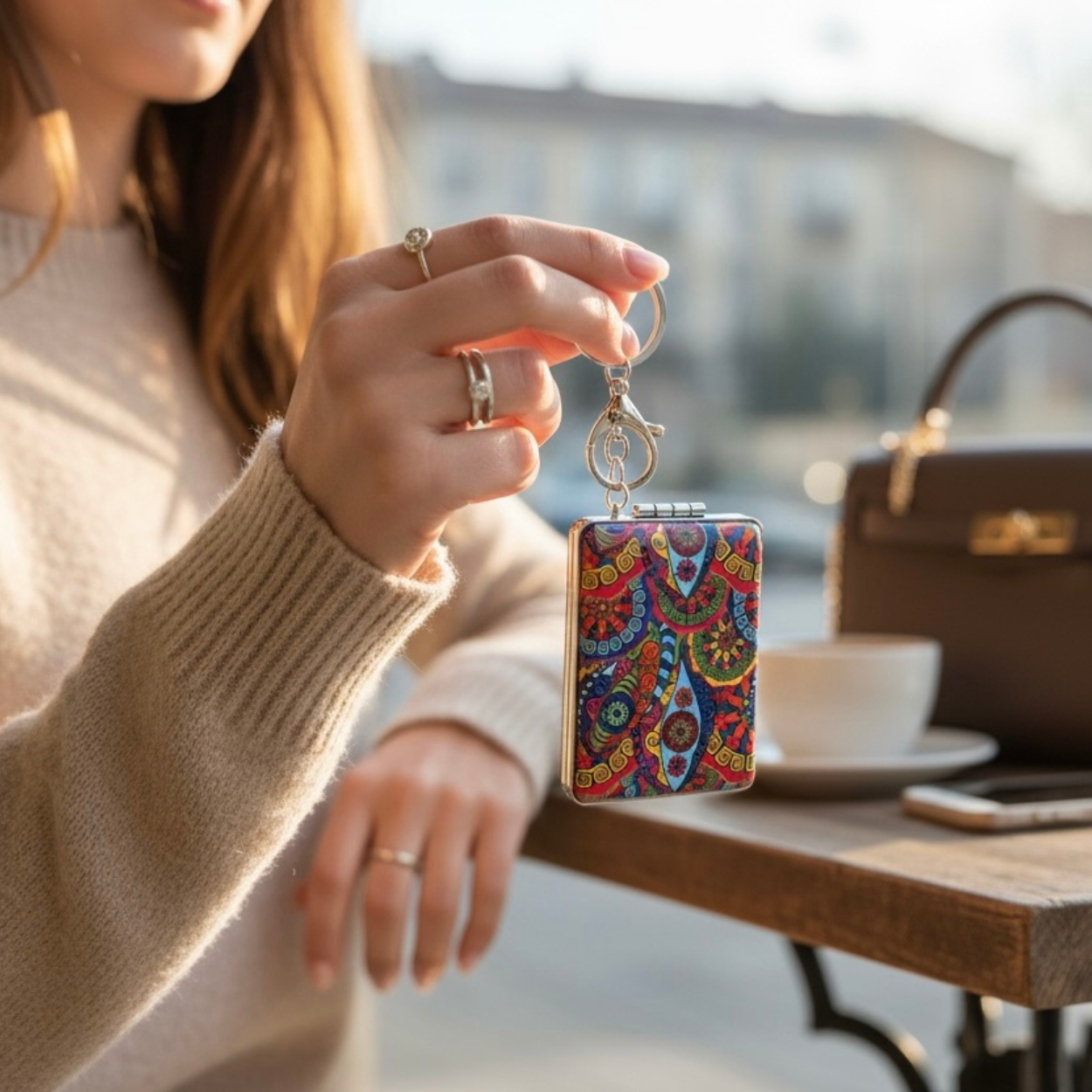 Rectangular abstract effect bagcharm with mirror