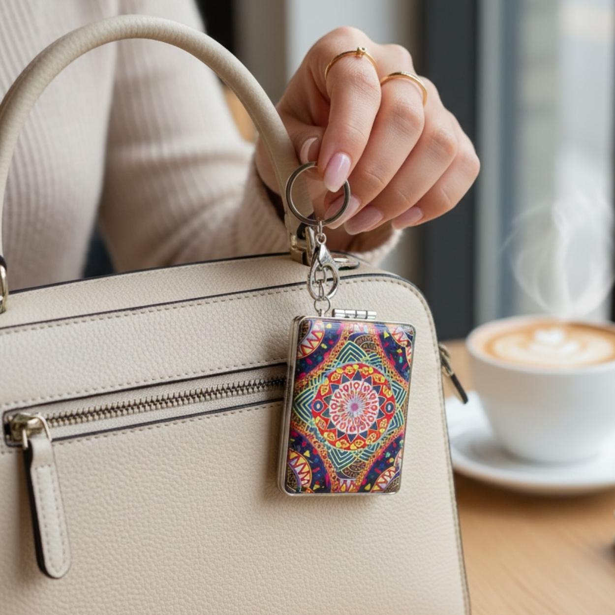 Rectangular multicolour mandela effect bagcharm with mirror