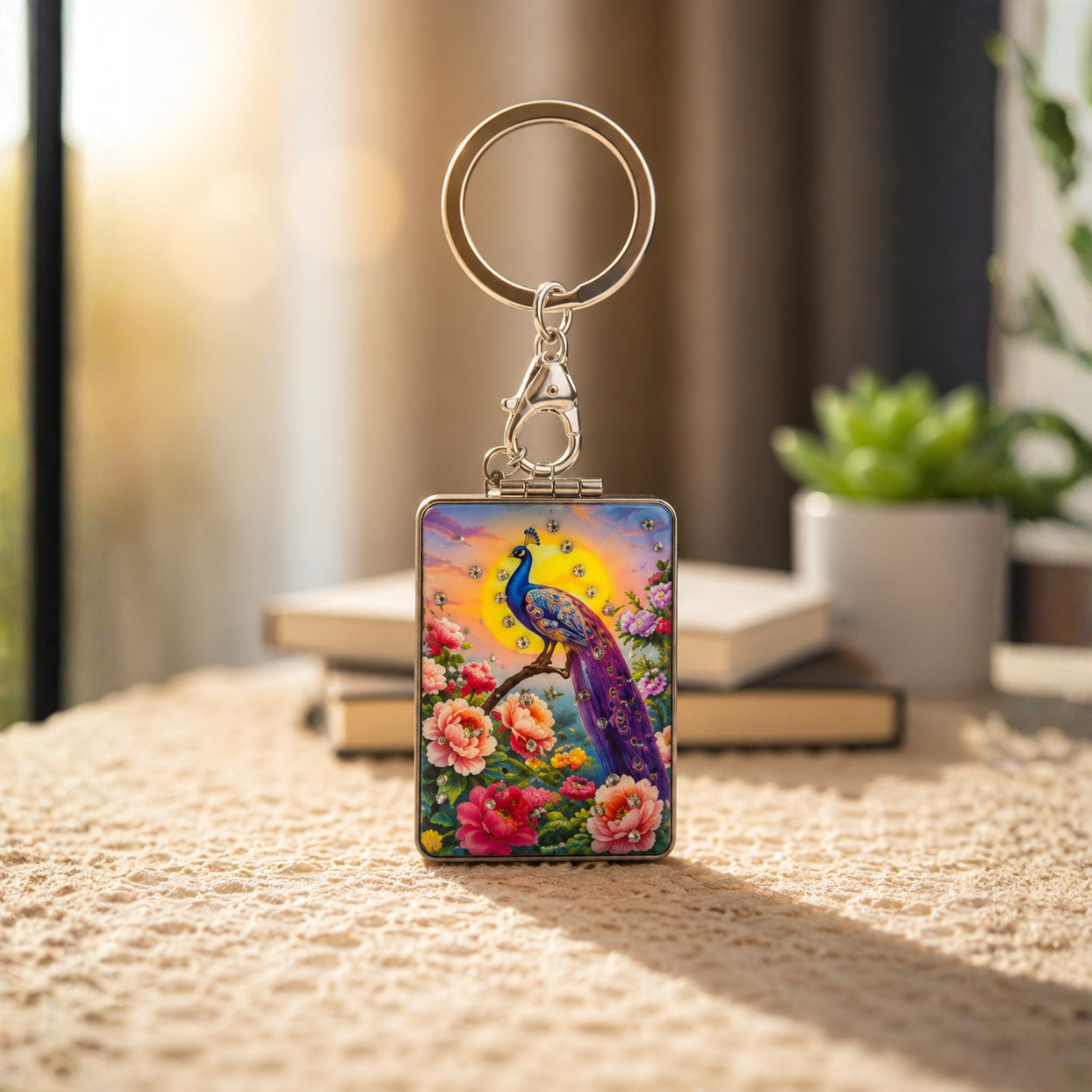 Rectangular peacock bagcharm with mirror
