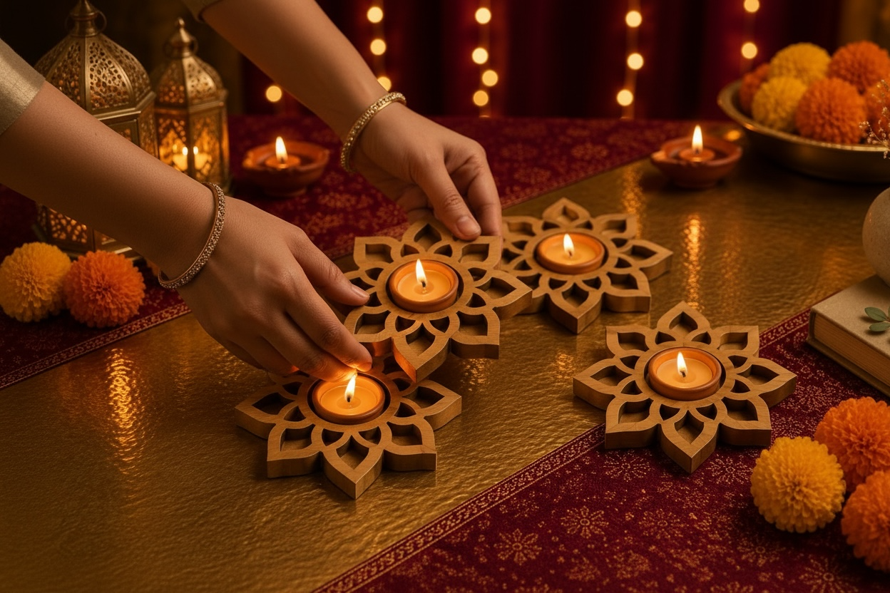 Premium Lotus Bloom MDF Diya Holder (Set of 4)