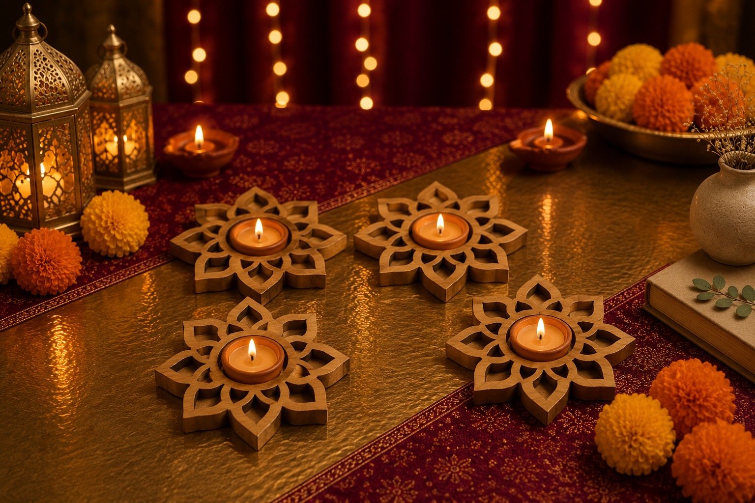 Premium Lotus Bloom MDF Diya Holder (Set of 4)